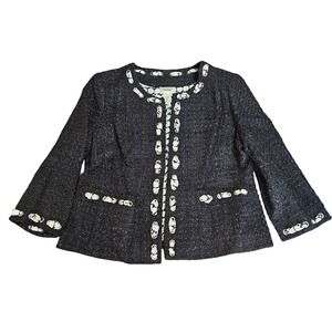 Neiman Marcus Silk Embellished Jacket‎ L Black Boucle Knit 3/4 Sleeves Luxury